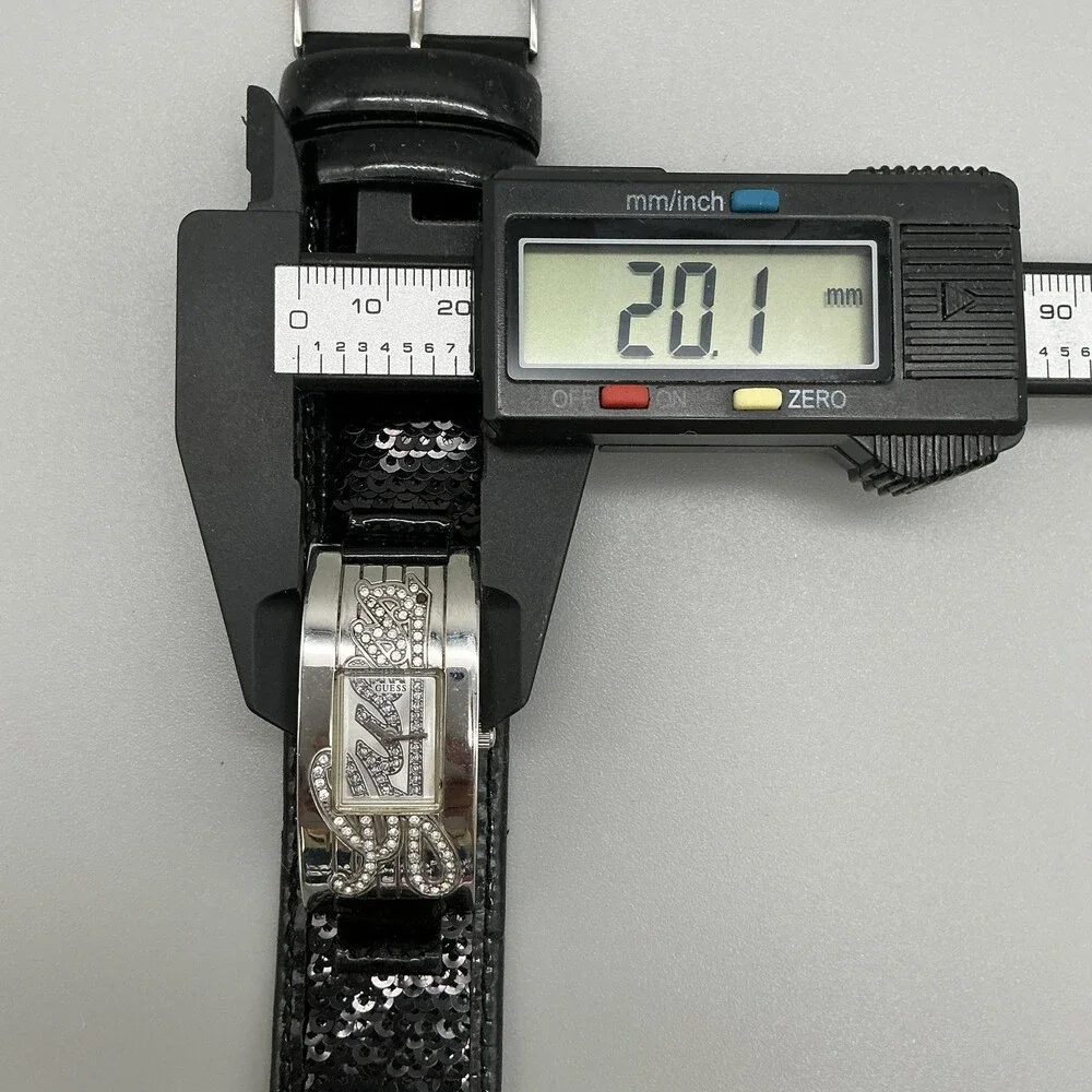 Guess Womens Watch 20mm Silver Tone Black Leather Gem Logo Cuff New Battery